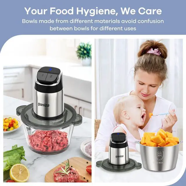 Alt view image 4 of 7 - Food Processor, 2-Speed Food Chopper Meat Grinder with 8 Cup Stainless Steel & 8 Cup Glass Bowls, Upgraded Button & Smart Overheat Protection Light - Includes Clean Brush, 2 Sets of Blades