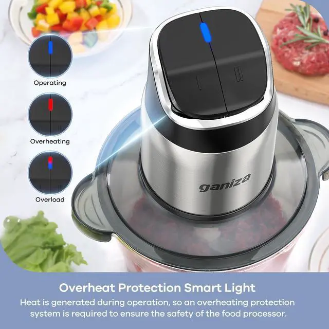 Alt view image 2 of 7 - Food Processor, 2-Speed Food Chopper Meat Grinder with 8 Cup Stainless Steel & 8 Cup Glass Bowls, Upgraded Button & Smart Overheat Protection Light - Includes Clean Brush, 2 Sets of Blades