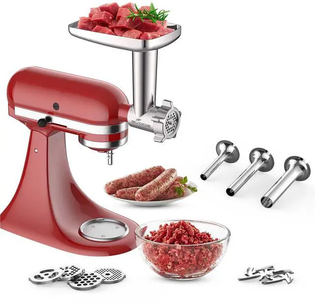 Alt view image 2 of 7 - Metal Meat Grinder Attachment for Stand Mixer, Meat Grinder for Kitchen Aid Includes 4 Grinding Plates, 3 Sausage Stuffer Tubes, 2 Grinding Blades, Food Grinder Attachment for