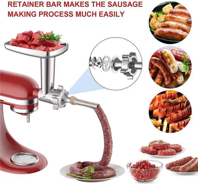Alt view image 4 of 7 - Metal Meat Grinder Attachment for Stand Mixer, Meat Grinder for Kitchen Aid Includes 4 Grinding Plates, 3 Sausage Stuffer Tubes, 2 Grinding Blades, Food Grinder Attachment for
