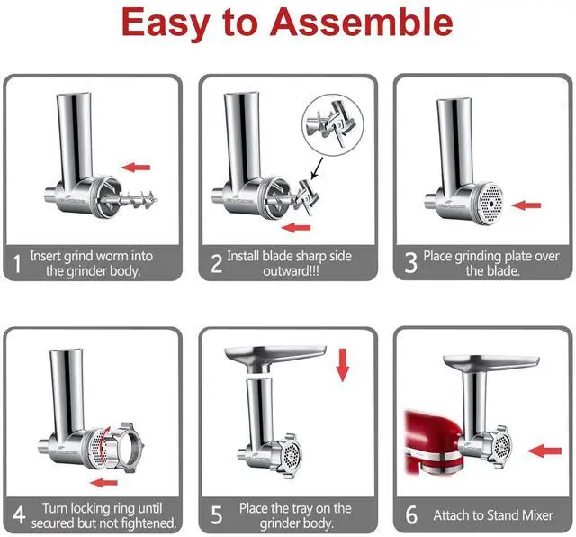Alt view image 5 of 7 - Metal Meat Grinder Attachment for Stand Mixer, Meat Grinder for Kitchen Aid Includes 4 Grinding Plates, 3 Sausage Stuffer Tubes, 2 Grinding Blades, Food Grinder Attachment for