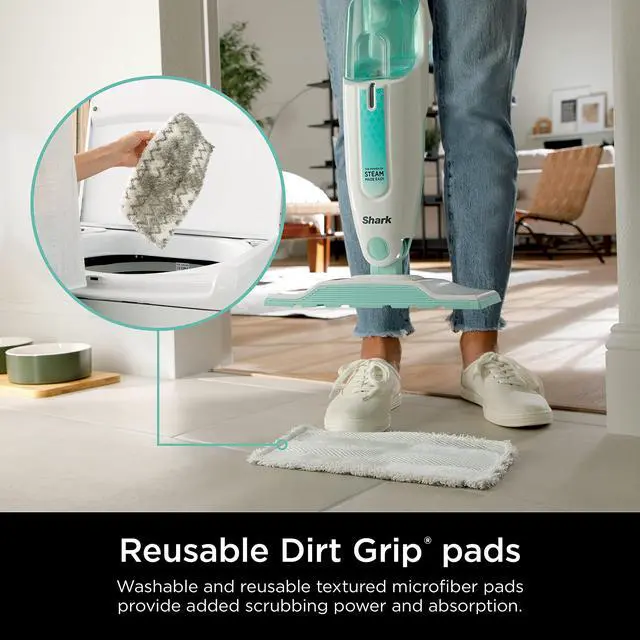 Alt view image 6 of 7 - Steam Mop with 2 Machine Washable Dirt Grip Pads, Removable Water Tank, Lightweight, Steam Cleaner for sealed Hard Floors, Marble, Stone, Hardwood, Tile, Laminate, White/Seafoam, S1000