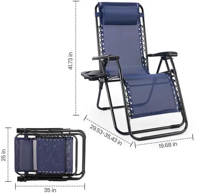 Alt view image 2 of 7 - Zero Gravity Chairs, Set of 2 Portable Recliner Beach Camping Patio Outdoor Folding Lounge Chair with Cup Holder Trays and Adjustable Pillow for Poolside, Garden, Backyard, Lawn (Blue)