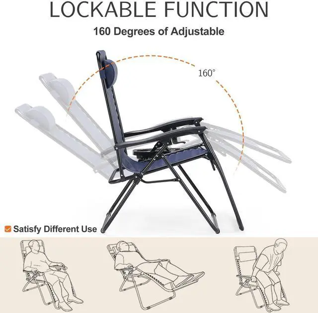 Alt view image 4 of 7 - Zero Gravity Chairs, Set of 2 Portable Recliner Beach Camping Patio Outdoor Folding Lounge Chair with Cup Holder Trays and Adjustable Pillow for Poolside, Garden, Backyard, Lawn (Blue)