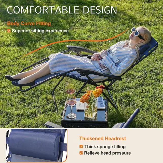 Alt view image 7 of 7 - Zero Gravity Chairs, Set of 2 Portable Recliner Beach Camping Patio Outdoor Folding Lounge Chair with Cup Holder Trays and Adjustable Pillow for Poolside, Garden, Backyard, Lawn (Blue)
