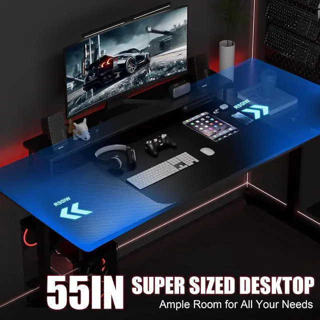 Alt view image 2 of 7 - Gaming Desk 55 Inch with LED Lights, Large Computer Desk with Mouse Pad for Home Office, T-Shaped Carbon Fibre Surface PC Game Workstations with Headphone Hook Light Black