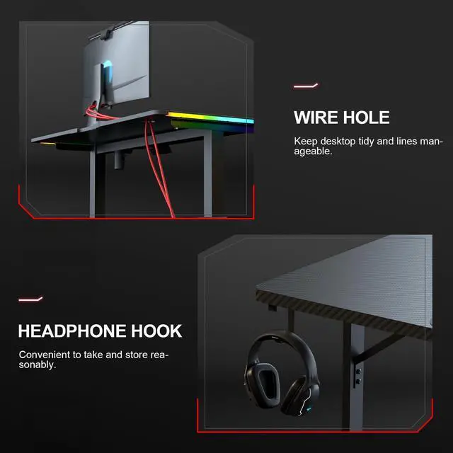 Alt view image 5 of 7 - Gaming Desk 55 Inch with LED Lights, Large Computer Desk with Mouse Pad for Home Office, T-Shaped Carbon Fibre Surface PC Game Workstations with Headphone Hook Light Black