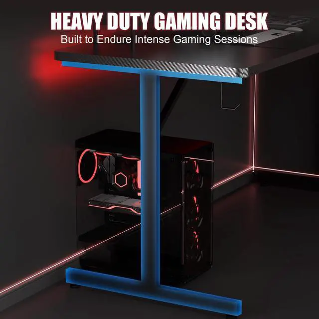 Alt view image 6 of 7 - Gaming Desk 55 Inch with LED Lights, Large Computer Desk with Mouse Pad for Home Office, T-Shaped Carbon Fibre Surface PC Game Workstations with Headphone Hook Light Black