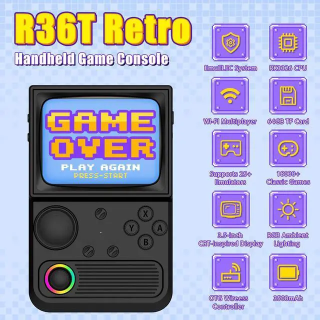 Main image of R36T Retro Gaming Console, 3.5'' IPS Screen CRT-Inspired, Handheld Game Console with 18000+ Classic Games Supports WiFi Networked Fighting and OTG, 3500mAh Battery, with Portable Case(Black 64GB)
