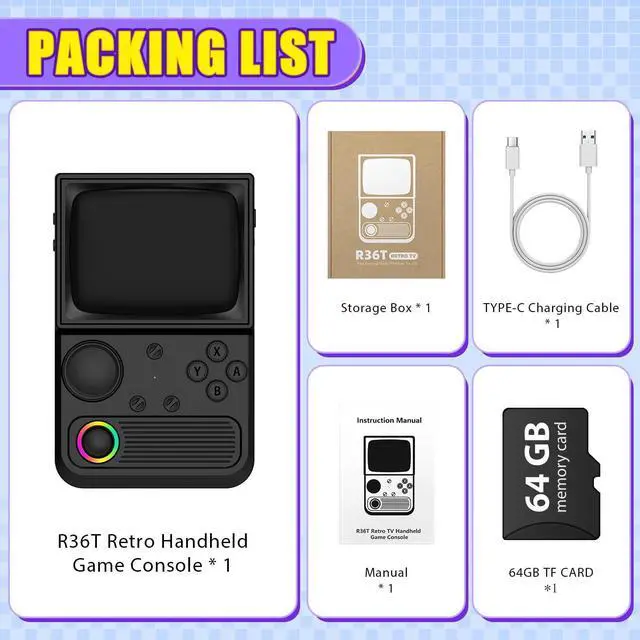 Alt view image 7 of 7 - R36T Retro Gaming Console, 3.5'' IPS Screen CRT-Inspired, Handheld Game Console with 18000+ Classic Games Supports WiFi Networked Fighting and OTG, 3500mAh Battery, with Portable Case(Black 64GB)