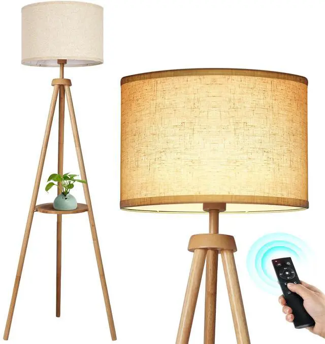 Main image of Wood Tripod Floor Lamp with Shelves, Mid Century Floor Lamp with Remote Control,4 Color Temperature, LED Modern Dimmable Standing Lamp with Beige Linen Shade for Living Room, Bedroom, Office