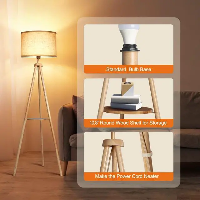 Alt view image 3 of 7 - Wood Tripod Floor Lamp with Shelves, Mid Century Floor Lamp with Remote Control,4 Color Temperature, LED Modern Dimmable Standing Lamp with Beige Linen Shade for Living Room, Bedroom, Office