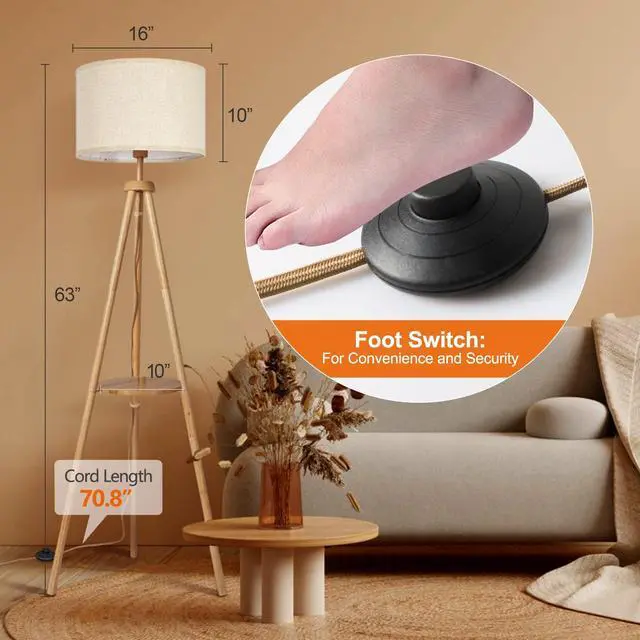 Alt view image 4 of 7 - Wood Tripod Floor Lamp with Shelves, Mid Century Floor Lamp with Remote Control,4 Color Temperature, LED Modern Dimmable Standing Lamp with Beige Linen Shade for Living Room, Bedroom, Office