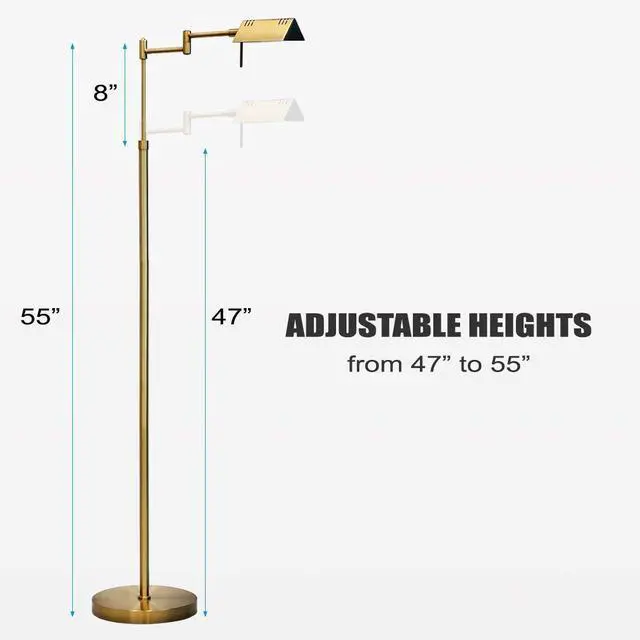 Alt view image 6 of 7 - Dimmable LED Pharmacy Floor Lamp, 12W LED, Full Range Dimming, 360 Degree Swing Arms, Adjustable Heights, Standing Lamp for Reading, Sewing, and Craft, ETL Listed, Antique Brass (Gold)