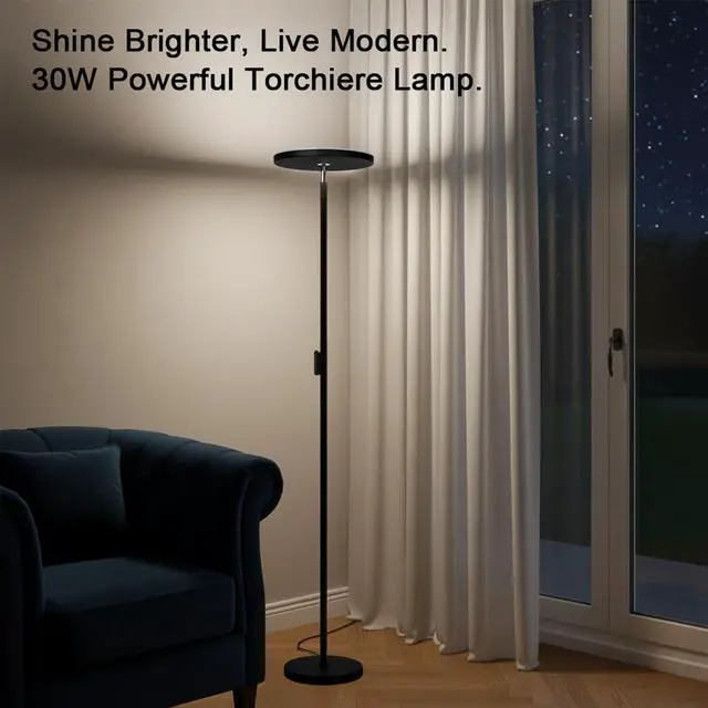 Alt view image 2 of 7 - JOOFO LED Torchiere Floor Lamp with Remote, Stepless Dimmable Black | Super bright uplight fills ceilings and dark corners for living rooms, bedrooms, home offices, reading nooks and apartments