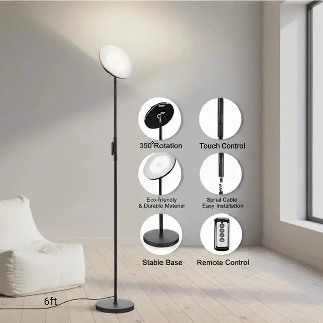Alt view image 3 of 7 - JOOFO LED Torchiere Floor Lamp with Remote, Stepless Dimmable Black | Super bright uplight fills ceilings and dark corners for living rooms, bedrooms, home offices, reading nooks and apartments