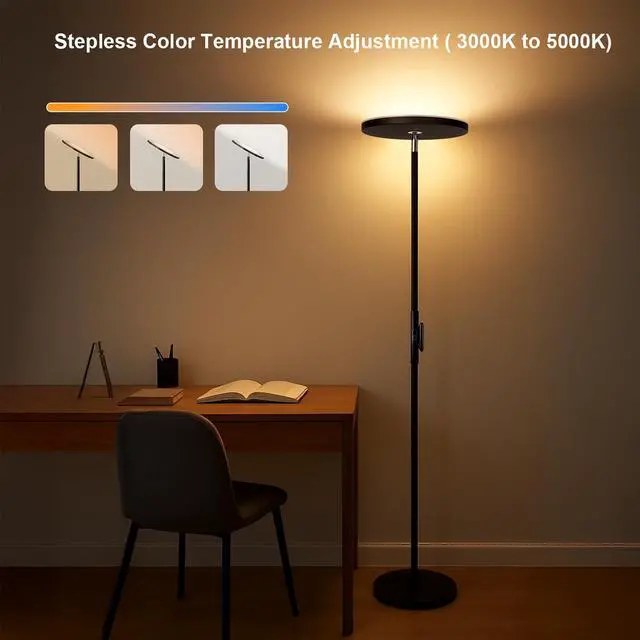 Alt view image 4 of 7 - JOOFO LED Torchiere Floor Lamp with Remote, Stepless Dimmable Black | Super bright uplight fills ceilings and dark corners for living rooms, bedrooms, home offices, reading nooks and apartments