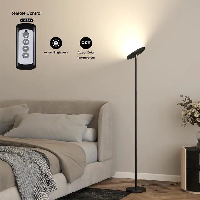 Alt view image 6 of 7 - JOOFO LED Torchiere Floor Lamp with Remote, Stepless Dimmable Black | Super bright uplight fills ceilings and dark corners for living rooms, bedrooms, home offices, reading nooks and apartments