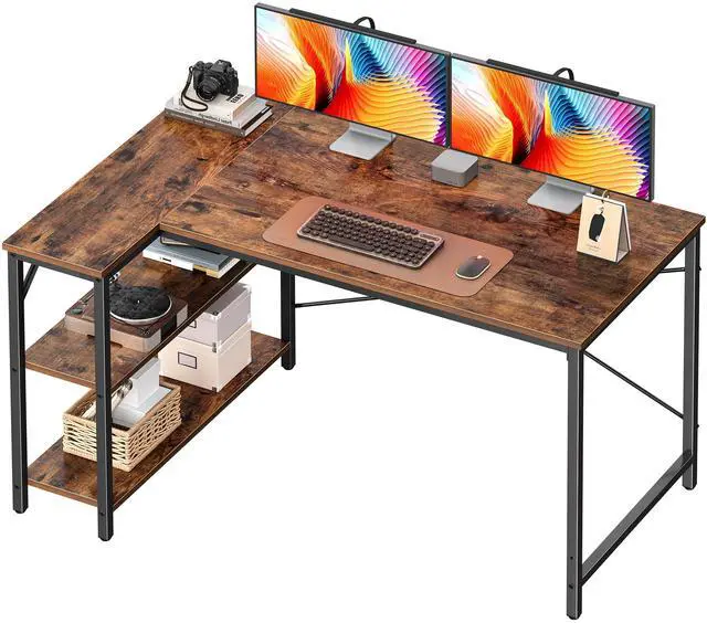 Main image of 47 Inches L Shaped Desk, Computer Desk with Reversible Storage Shelves, for Gaming Corner Home Office Writing Study, Metal Frame, Rustic Brown