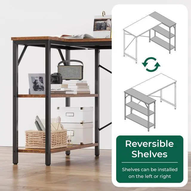 Alt view image 2 of 7 - 47 Inches L Shaped Desk, Computer Desk with Reversible Storage Shelves, for Gaming Corner Home Office Writing Study, Metal Frame, Rustic Brown