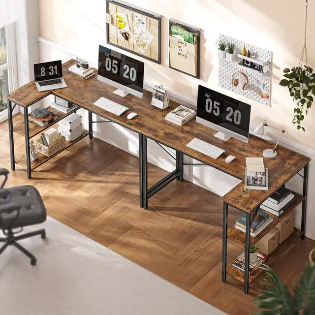 Alt view image 3 of 7 - 47 Inches L Shaped Desk, Computer Desk with Reversible Storage Shelves, for Gaming Corner Home Office Writing Study, Metal Frame, Rustic Brown