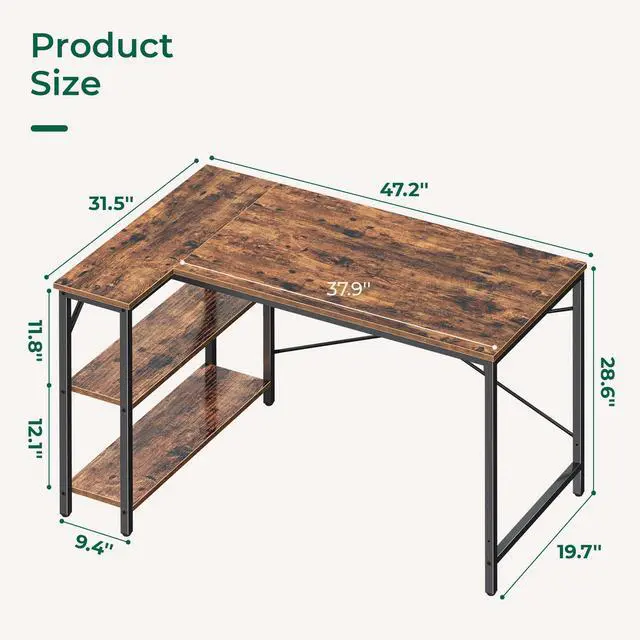 Alt view image 5 of 7 - 47 Inches L Shaped Desk, Computer Desk with Reversible Storage Shelves, for Gaming Corner Home Office Writing Study, Metal Frame, Rustic Brown