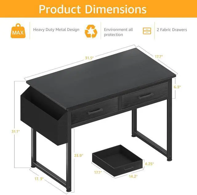 Alt view image 3 of 7 - Small Desk with Fabric Drawers for Bedroom, 32 Inch Gaming Desk with 2 Drawers for Small Space, Study Writing Table PC Desks, Black
