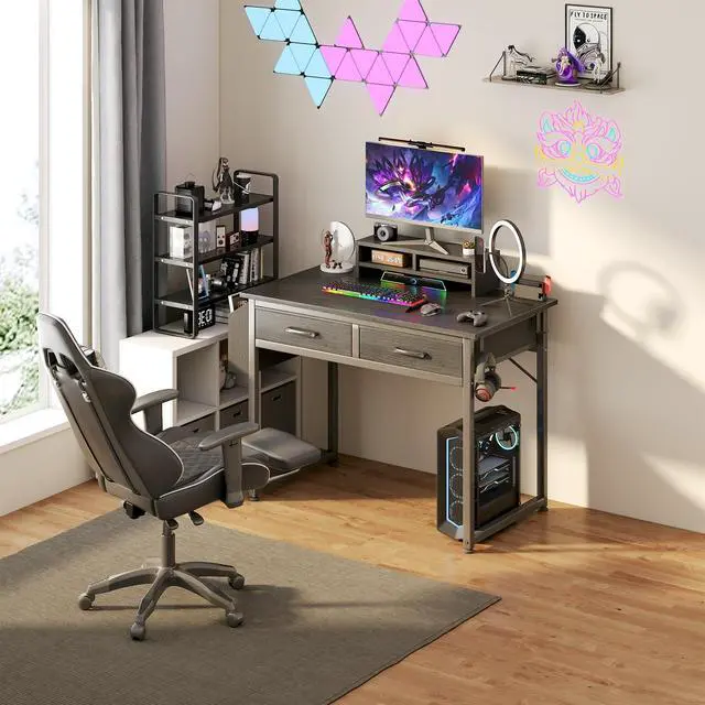 Alt view image 4 of 7 - Small Desk with Fabric Drawers for Bedroom, 32 Inch Gaming Desk with 2 Drawers for Small Space, Study Writing Table PC Desks, Black