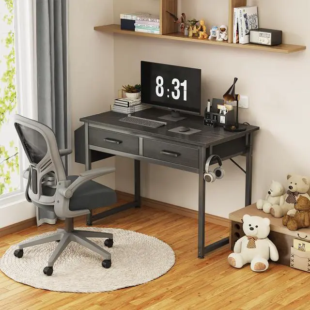 Alt view image 2 of 7 - Small Desk with Fabric Drawers for Bedroom, 32 Inch Gaming Desk with 2 Drawers for Small Space, Study Writing Table PC Desks, Black