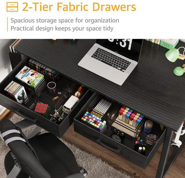 Alt view image 6 of 7 - Small Desk with Fabric Drawers for Bedroom, 32 Inch Gaming Desk with 2 Drawers for Small Space, Study Writing Table PC Desks, Black