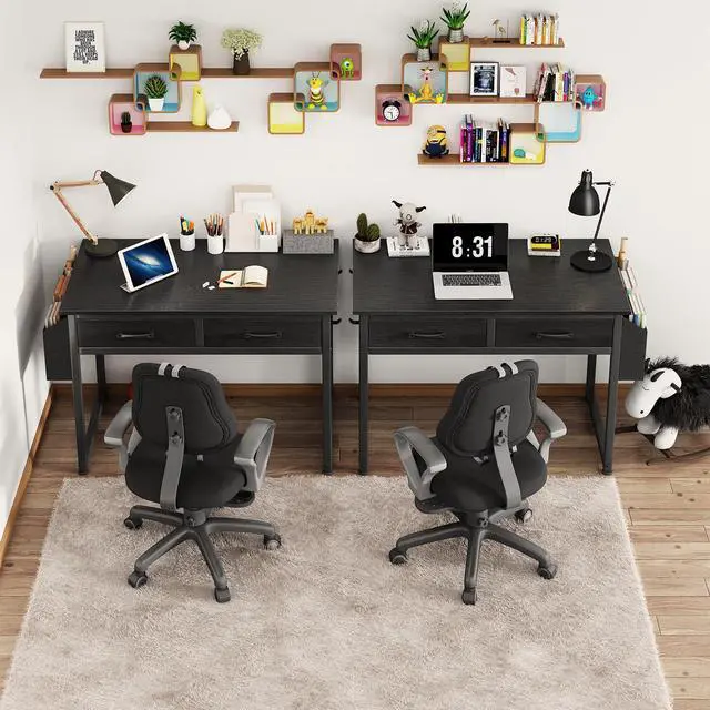 Alt view image 5 of 7 - Small Desk with Fabric Drawers for Bedroom, 32 Inch Gaming Desk with 2 Drawers for Small Space, Study Writing Table PC Desks, Black