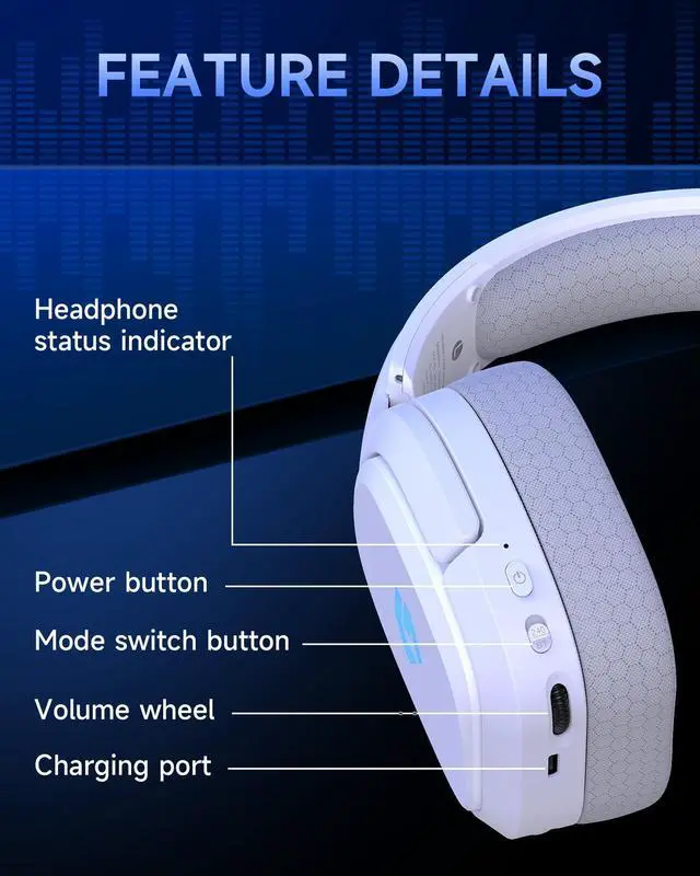 Alt view image 6 of 7 - 2.4GHz Wireless Gaming Headsets for PS5, PS4, PC, Switch - Bluetooth 5.4 Gaming Headphones with Noise Canceling Mic, Low Latency Connection, 3D Immersive Surround Sound, 30H Battery, White