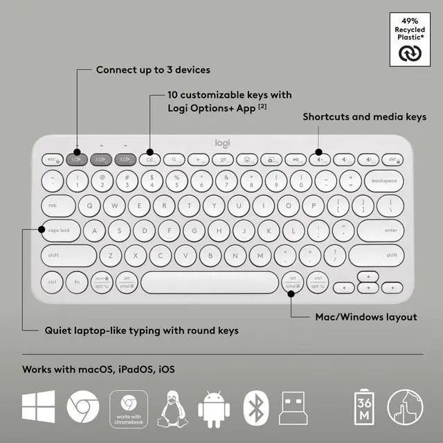 Alt view image 6 of 7 - Pebble 2 Combo, Wireless Keyboard and Mouse, Quiet and Portable, Customizable, Logi Bolt, Bluetooth, Easy-Switch for Windows, macOS, iPadOS, Chrome - Tonal White