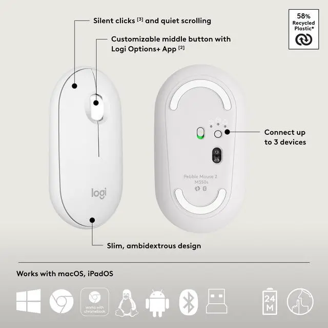 Alt view image 7 of 7 - Pebble 2 Combo, Wireless Keyboard and Mouse, Quiet and Portable, Customizable, Logi Bolt, Bluetooth, Easy-Switch for Windows, macOS, iPadOS, Chrome - Tonal White