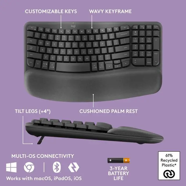 Alt view image 6 of 7 - Wave Keys MK670 Combo, Wireless Ergonomic Keyboard with Signature M550 L Wireless Mouse, Comfortable Natural Typing, Bluetooth, Logi Bolt, for Multi-OS, Windows/Mac - Graphite