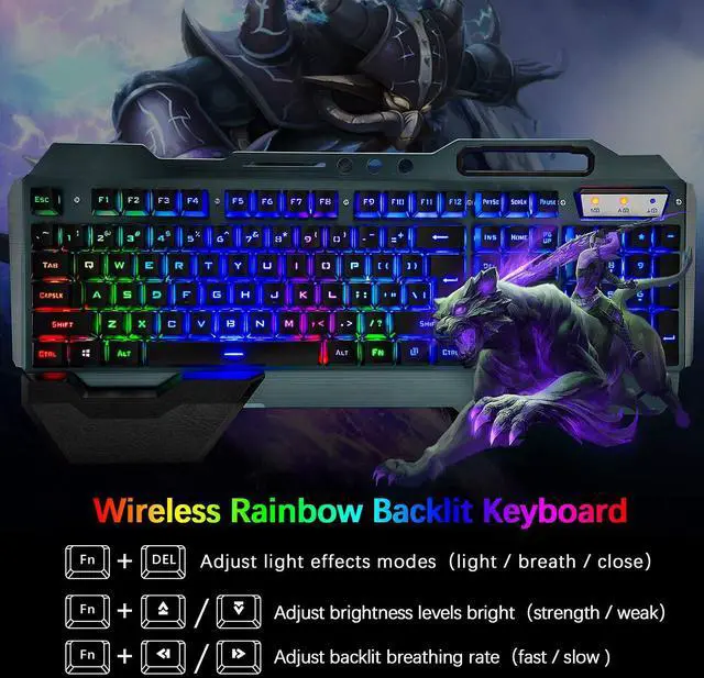 Alt view image 2 of 7 - Wireless Gaming Keyboard and Mouse,Rainbow Backlit Rechargeable Keyboard Mouse with 3800mAh Battery Metal Panel,Removable Hand Rest Mechanical Feel Keyboard and 7 Color Gaming Mute Mice for PC Gamers