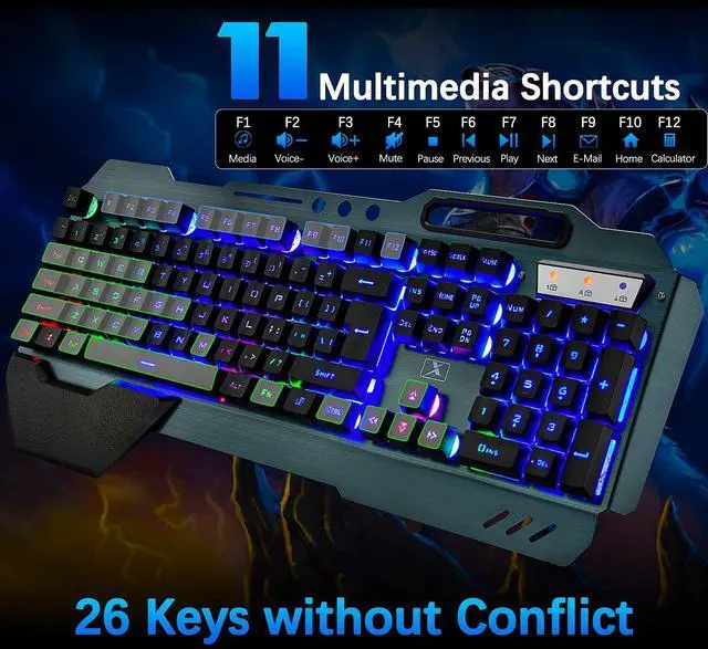 Alt view image 3 of 7 - Wireless Gaming Keyboard and Mouse,Rainbow Backlit Rechargeable Keyboard Mouse with 3800mAh Battery Metal Panel,Removable Hand Rest Mechanical Feel Keyboard and 7 Color Gaming Mute Mice for PC Gamers