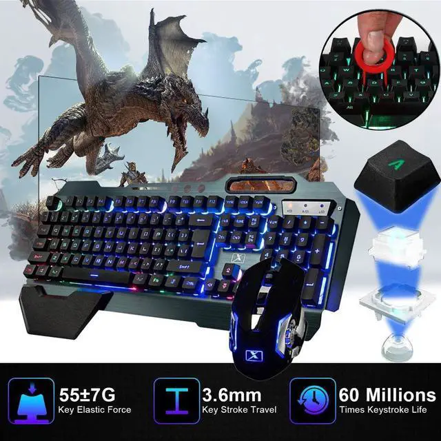 Alt view image 6 of 7 - Wireless Gaming Keyboard and Mouse,Rainbow Backlit Rechargeable Keyboard Mouse with 3800mAh Battery Metal Panel,Removable Hand Rest Mechanical Feel Keyboard and 7 Color Gaming Mute Mice for PC Gamers