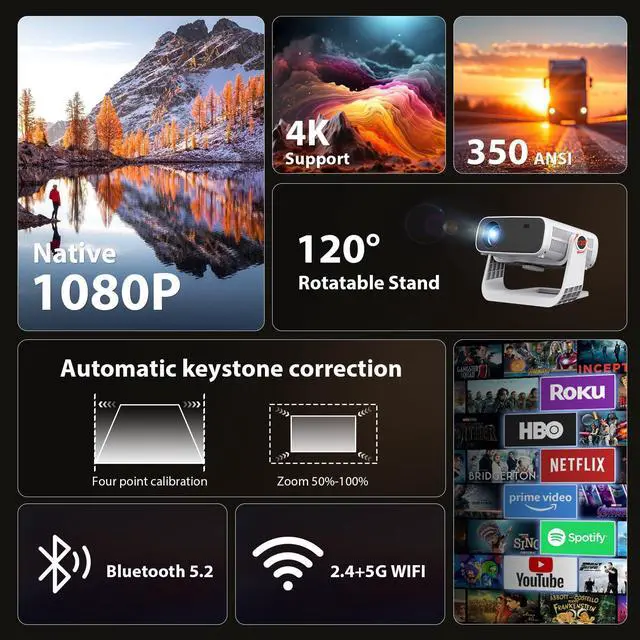 Alt view image 2 of 7 - Smart Projector with WiFi 6 and Bluetooth Built-in Apps - 4K Support Portable Bedroom Mini Projector Native 1080P , 2025 New Auto Keystone & Zoom Home Theater Cinema Movie Proyector, 120° Stand