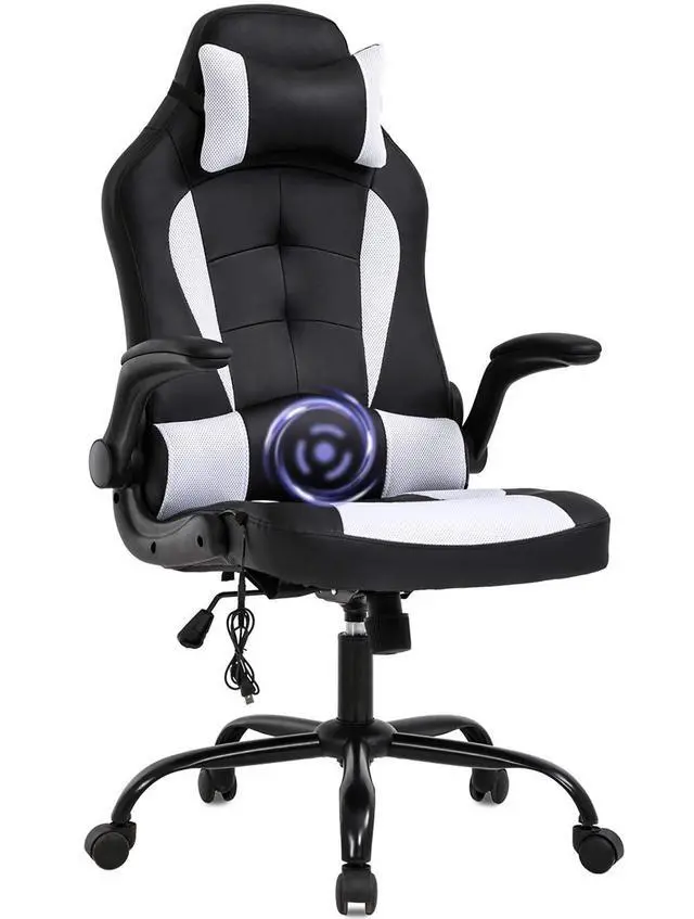 Main image of Massage Gaming Chair Office Chair Ergonomic PU Leather Desk Chair with Lumbar Support, Headrest, Flip-Up Armrests, and Swivel Rolling Base, Ideal for Women Adults, White