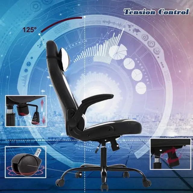 Alt view image 5 of 7 - Massage Gaming Chair Office Chair Ergonomic PU Leather Desk Chair with Lumbar Support, Headrest, Flip-Up Armrests, and Swivel Rolling Base, Ideal for Women Adults, White