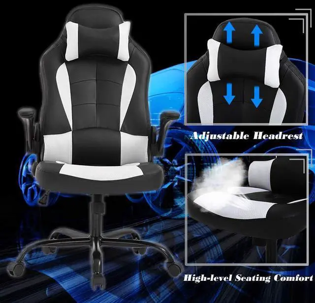 Alt view image 3 of 7 - Massage Gaming Chair Office Chair Ergonomic PU Leather Desk Chair with Lumbar Support, Headrest, Flip-Up Armrests, and Swivel Rolling Base, Ideal for Women Adults, White