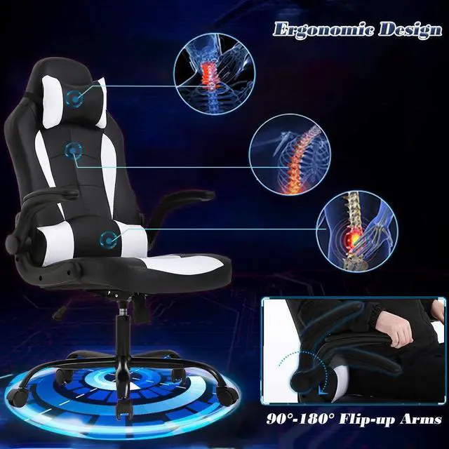 Alt view image 6 of 7 - Massage Gaming Chair Office Chair Ergonomic PU Leather Desk Chair with Lumbar Support, Headrest, Flip-Up Armrests, and Swivel Rolling Base, Ideal for Women Adults, White