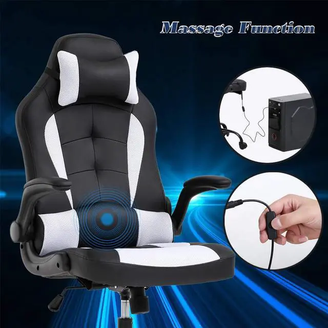 Alt view image 2 of 7 - Massage Gaming Chair Office Chair Ergonomic PU Leather Desk Chair with Lumbar Support, Headrest, Flip-Up Armrests, and Swivel Rolling Base, Ideal for Women Adults, White
