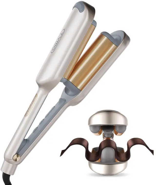 Main image of Curling Iron Hair Crimper Waver - ROVY Beach Waves Curling Wand, Ionic Deep Waver Hair Curler Tool with Ceramic 3 Barrel for Women, Dual Voltage, Anti-Scald, Easy to Use, Elegant Gold, 1.25 Inch