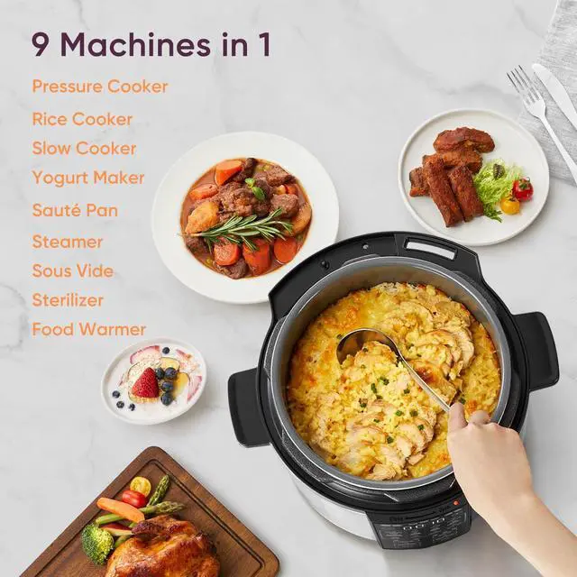 Alt view image 3 of 7 - Pressure Cooker 6QT, Stainless Steel, 9-in-1 Multi Cooker, 12 Safety Features, Ceramic Inner Pot, Rice, Slow Cook, Sous Vide, Saute, 1100W
