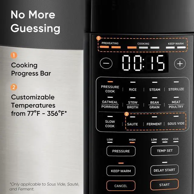 Alt view image 6 of 7 - Pressure Cooker 6QT, Stainless Steel, 9-in-1 Multi Cooker, 12 Safety Features, Ceramic Inner Pot, Rice, Slow Cook, Sous Vide, Saute, 1100W