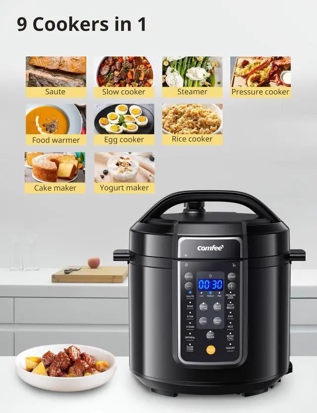 Alt view image 3 of 7 - 9-in-1 Electric Pressure Cooker, 14 Presets Instant Multi Slow Cooker Olla de Presion Non-Stick Pot Rice , Yogurt Maker, Sauté Steamer, Black , 6 Quarts