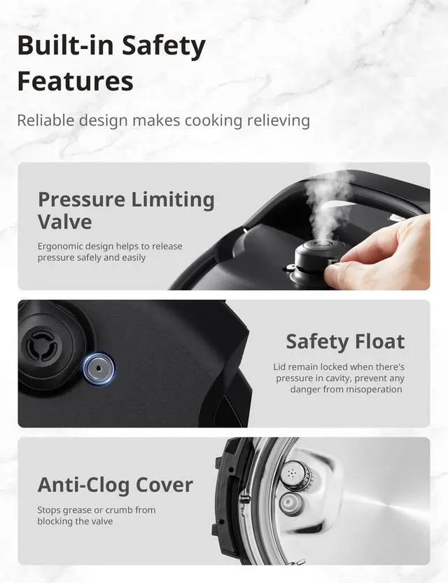 Alt view image 6 of 7 - 9-in-1 Electric Pressure Cooker, 14 Presets Instant Multi Slow Cooker Olla de Presion Non-Stick Pot Rice , Yogurt Maker, Sauté Steamer, Black , 6 Quarts