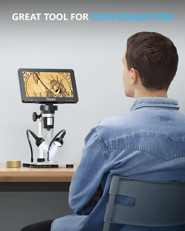 Alt view image 2 of 7 - 7'' Digital Microscope 1200X, 12MP 1080P Photo/Video Microscope for Adults Soldering Coins,Metal Stand,Wired Remote,10 LED Fill Lights,PC View,Windows/Mac Compatible